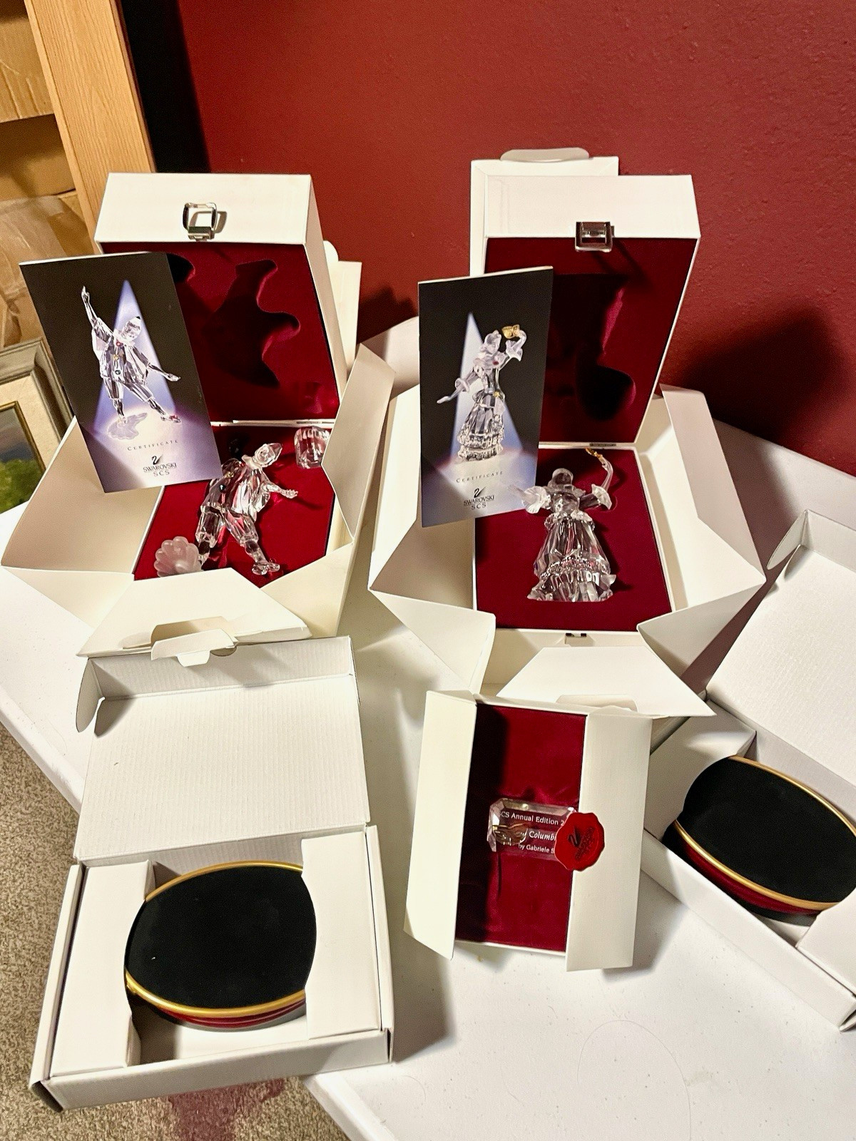 Vintage Swarovski SCS Columbine & Masquerade figurines w/ plaques & stands NIB