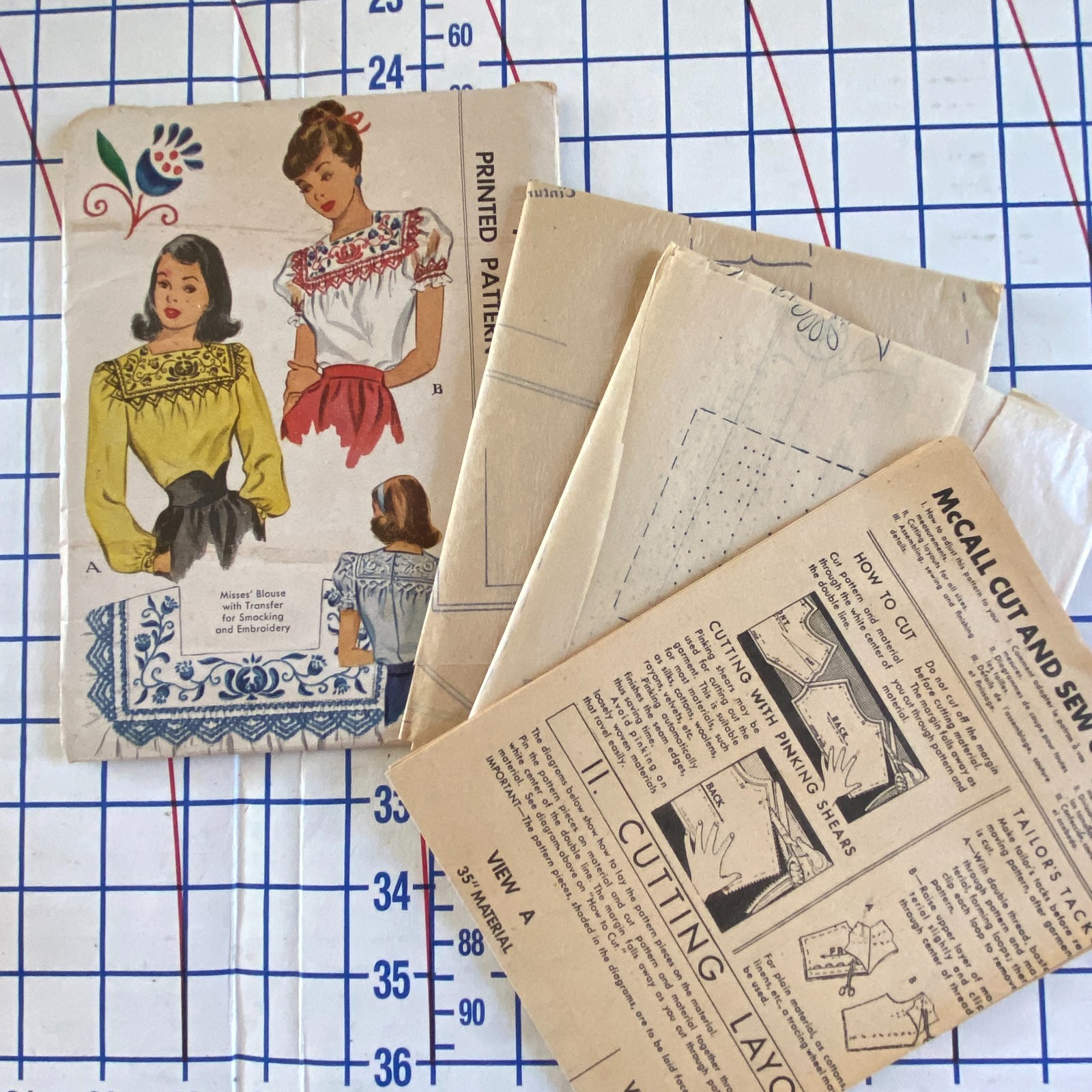 1947 Smocked Blouse Pattern w/ Embroidery Transfer Size 16 18 Uncut McCalls 1317