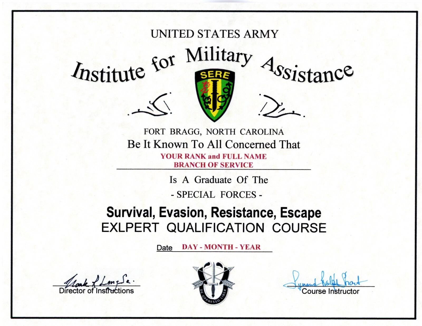 Special Forces SERE Survival Evasion Resistance Escape Replacement Certificate
