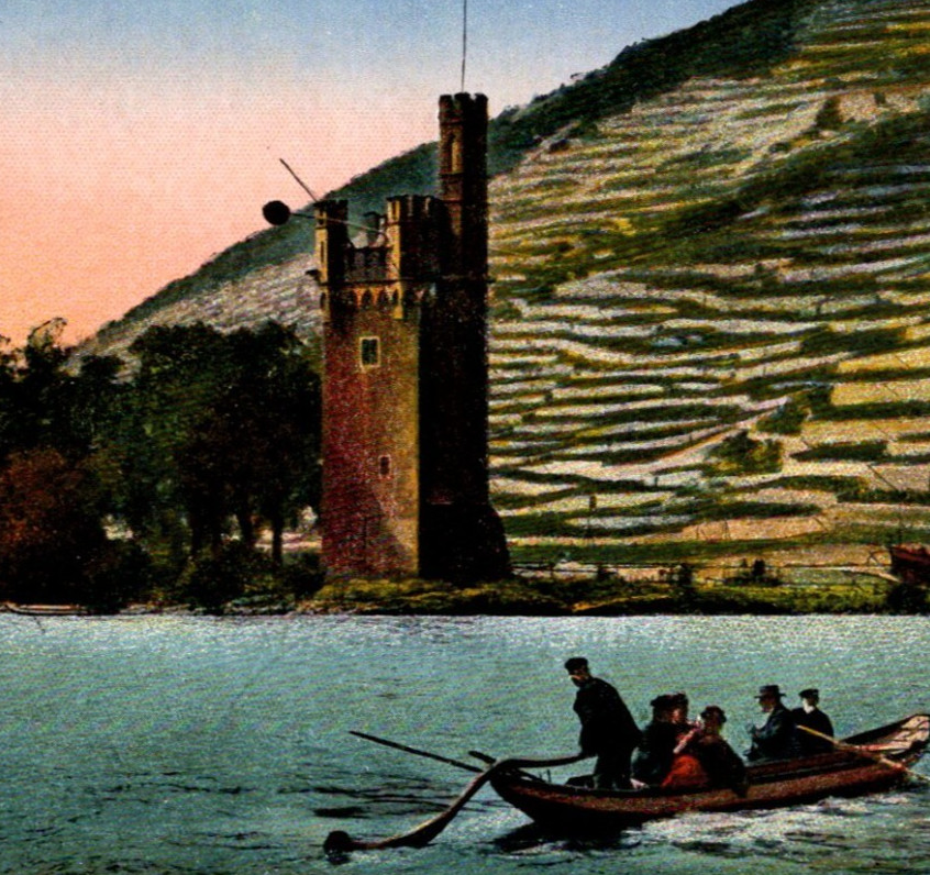 * VTG DB Topographical Postcard Mäuseturm Mouse Tower Bingen Rhine River Germany