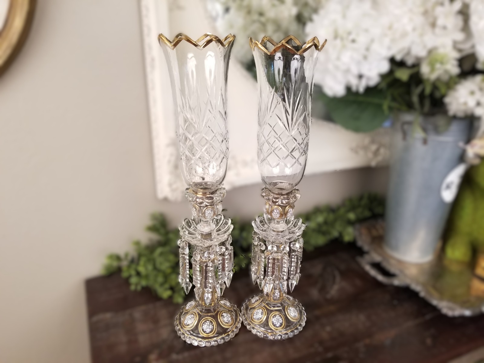 Antique French Baccarat Crystal Gilt Enamel Medallion Hurricane Candle Holders