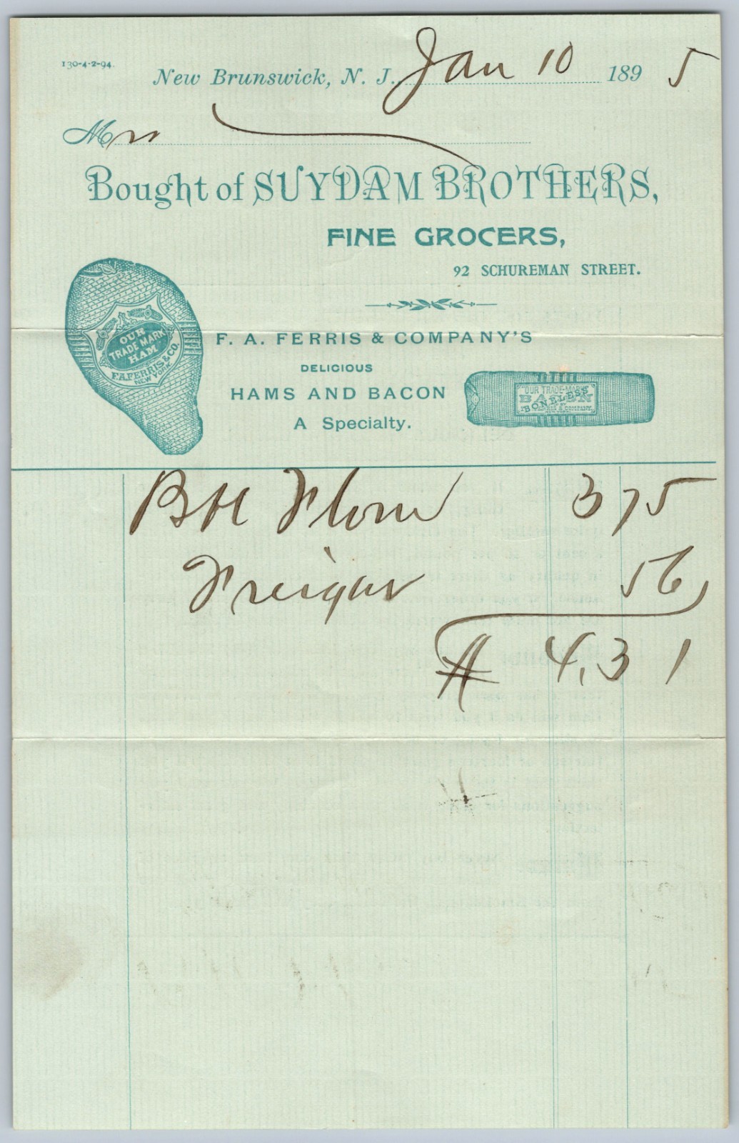 1895 NEW BRUNSWICK N.J SUYDAM BROTHERS GROCERY FERRIS HAMS BACON BILLHEAD W/HAM