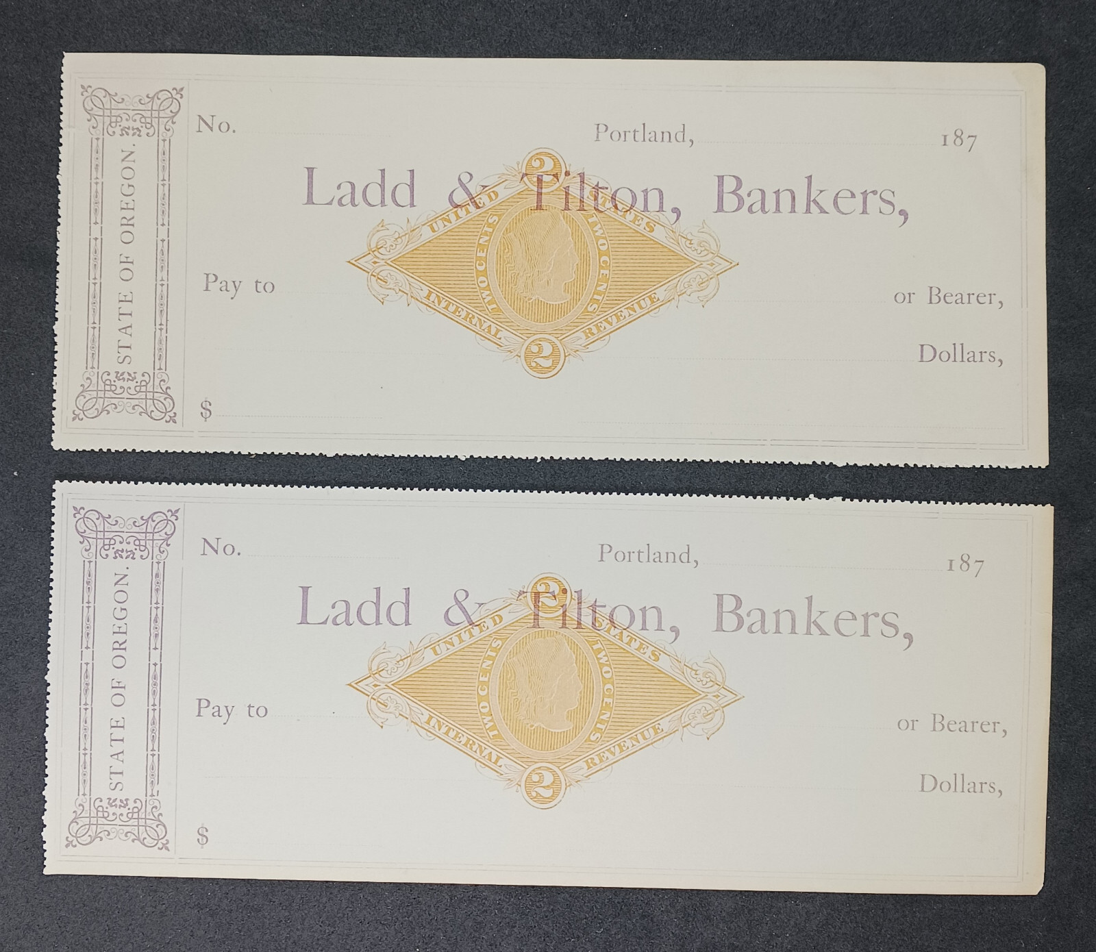 Vintage 1870s Ladd & Tilton Bankers Blank Checks - Lot of 2 Internal revenue