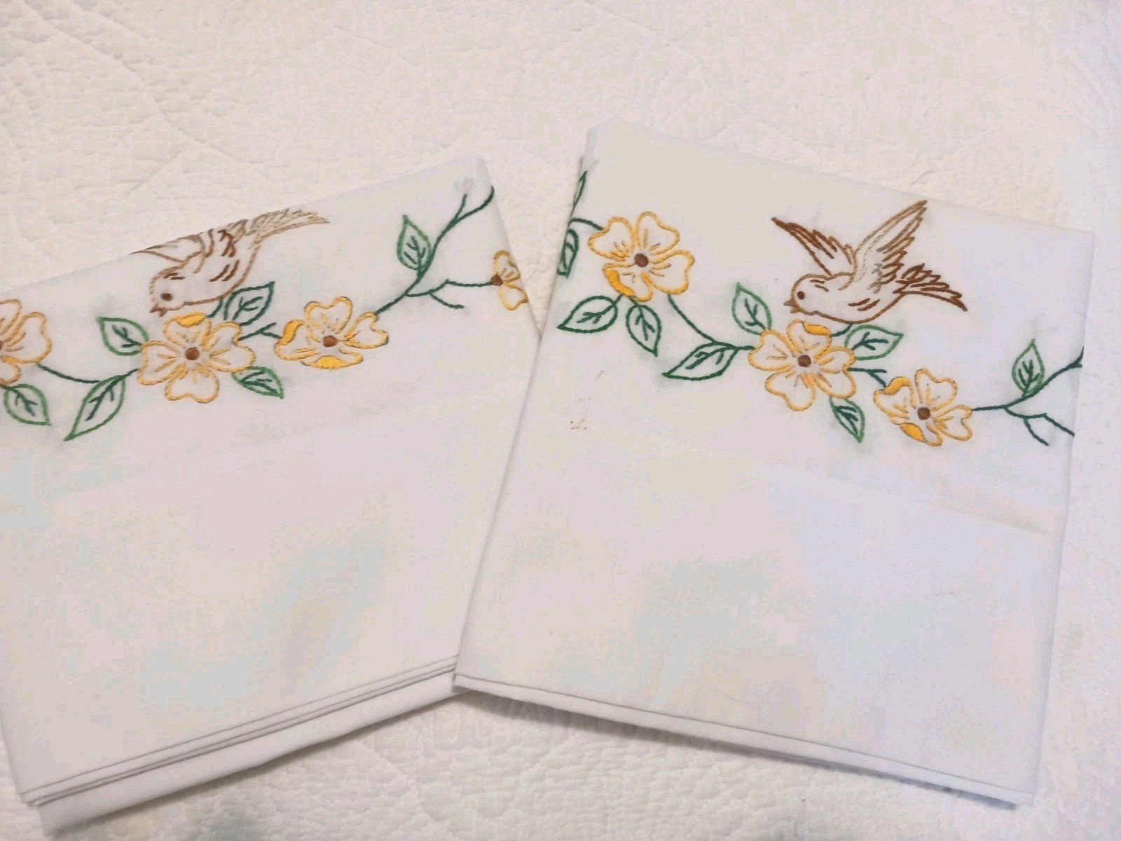 2 Pretty Vtg White Cotton Pillowcases w Embroidered Yellow Flowers & Songbirds