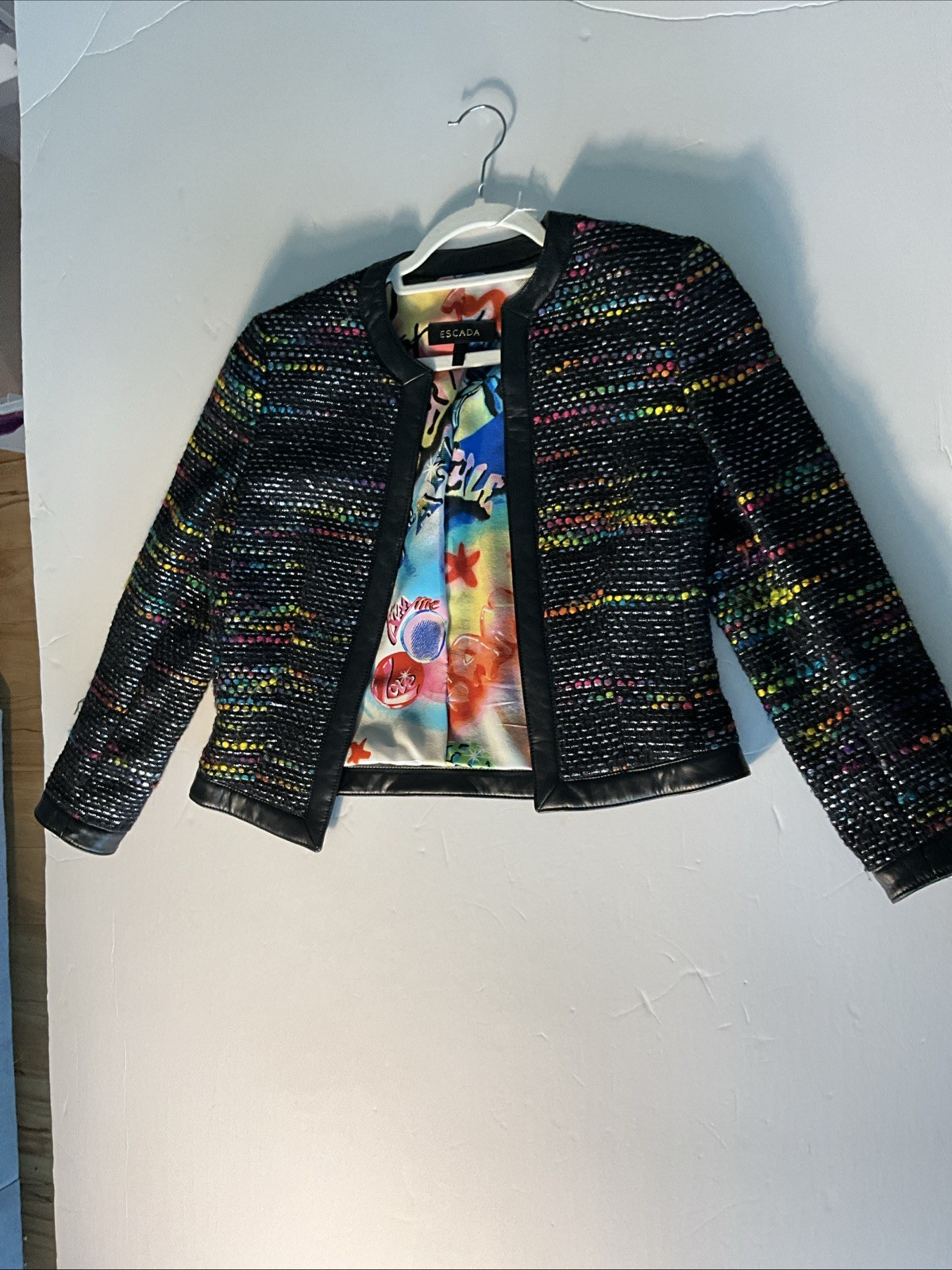 Escada Black Tweed Leather Trim Jacket Women’s EU 36 Multicolor Lining