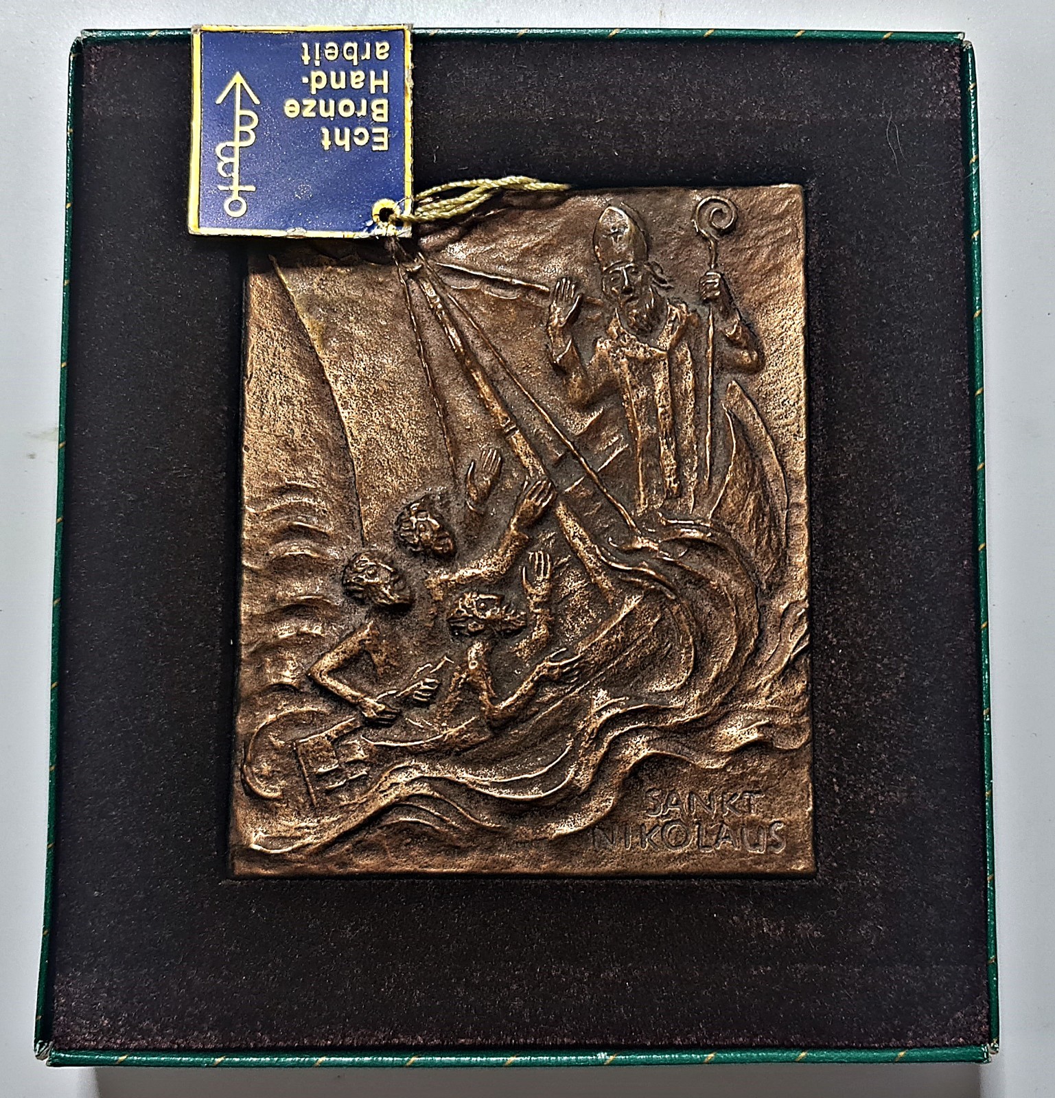 RARE VINTAGE BRONZE PLAQUE CATHOLIC RELIGIOUS SAINT NICHOLAS NAUTICAL ST GALLEN