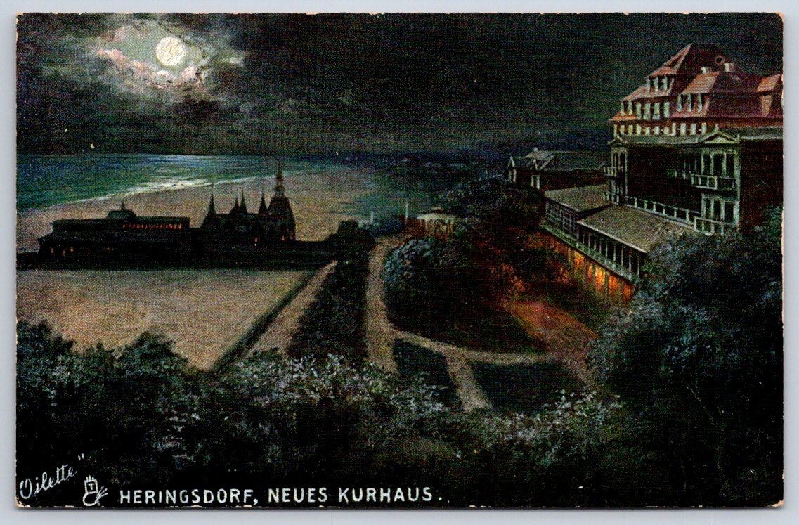 Antique Germany Postcard HERINGSDORF Neues Kurhaus Moonlight 1906