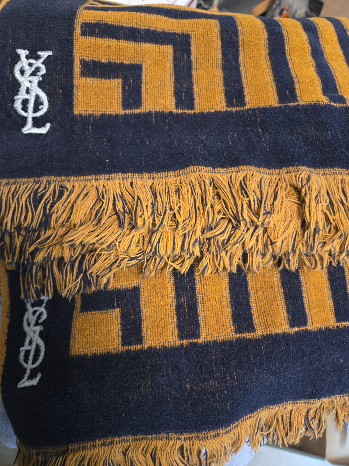 2 Vtg 70s Yves Saint Laurent x Fieldcrest Blue and Gold Stripe Bath Towel 26x43”