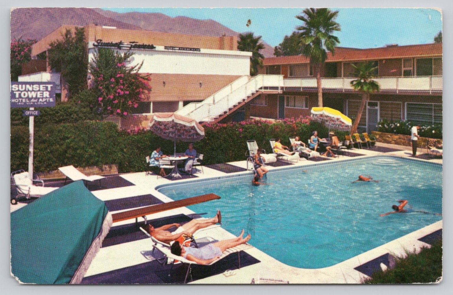 Vintage Sunset Towers Hotel Palm Springs CA Swimming Pool Postcard 1970s