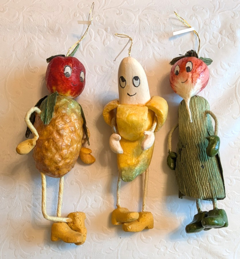 Vintage Papier Mache Fruit & Vegetable People Ornaments 6 Inches Lot of 3