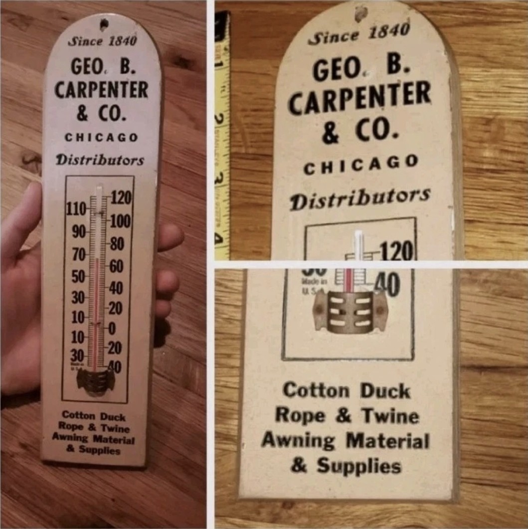 Vintage Geo B Carpenter & Co Chicago IL Wood Advertising Thermometer Sign