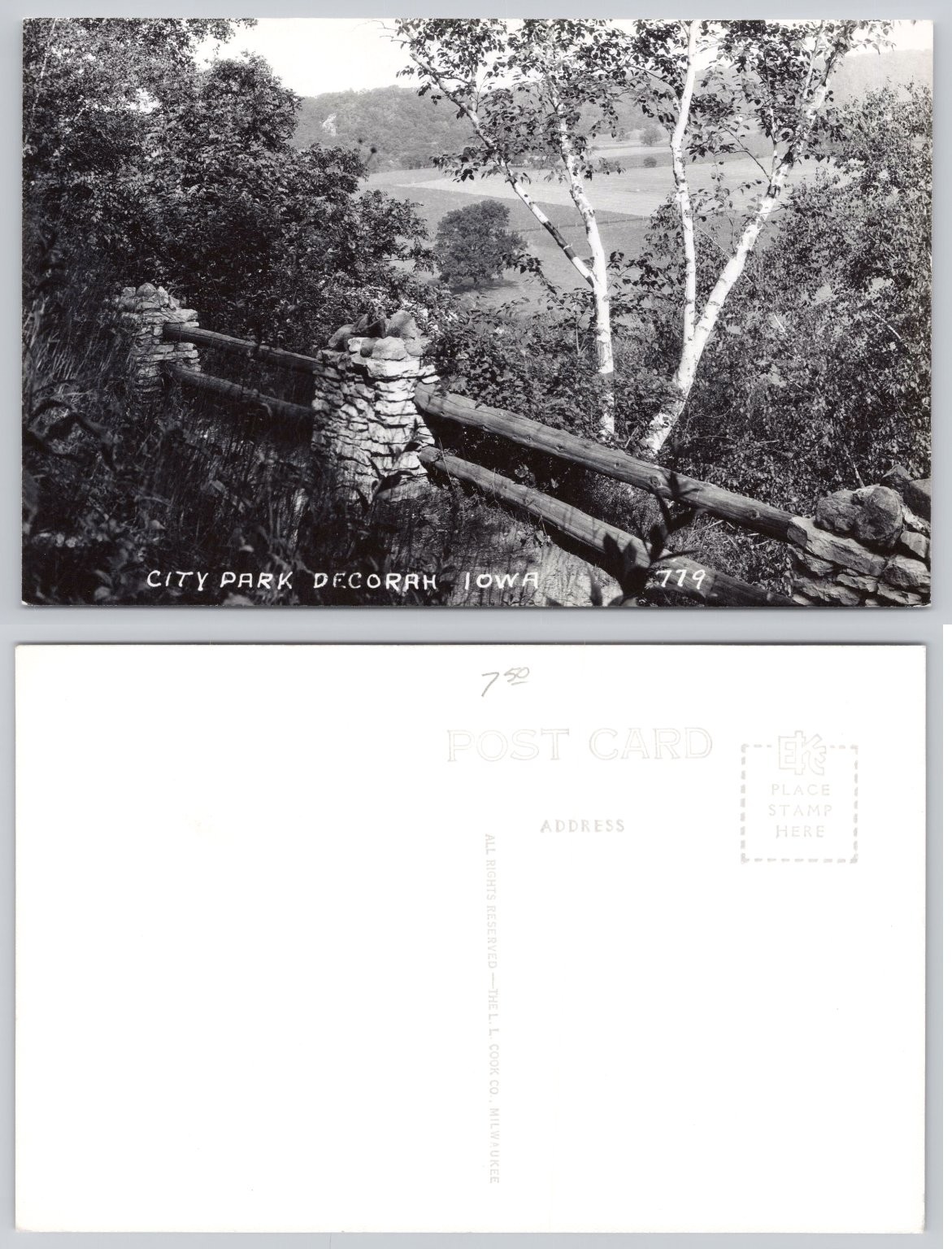 RPPC Decorah Iowa City Park Stone Log Fence Landscape L. L. Cook Co. Vintage
