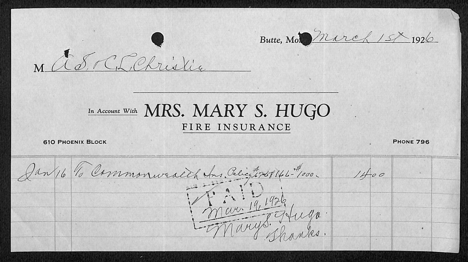 1926 Mrs. Mary S. Hugo Fire Insurance Butte, MT Billhead to Leys Jewelry*