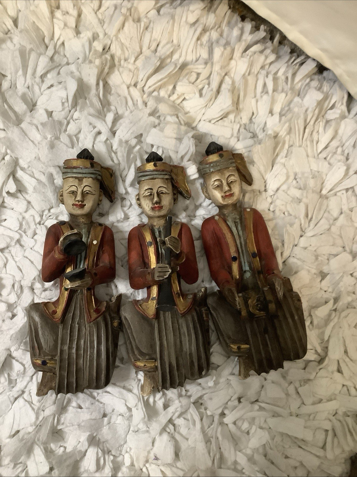 3 Hand Carved Thai Asian Wooden Musicians vintage made in Thailand