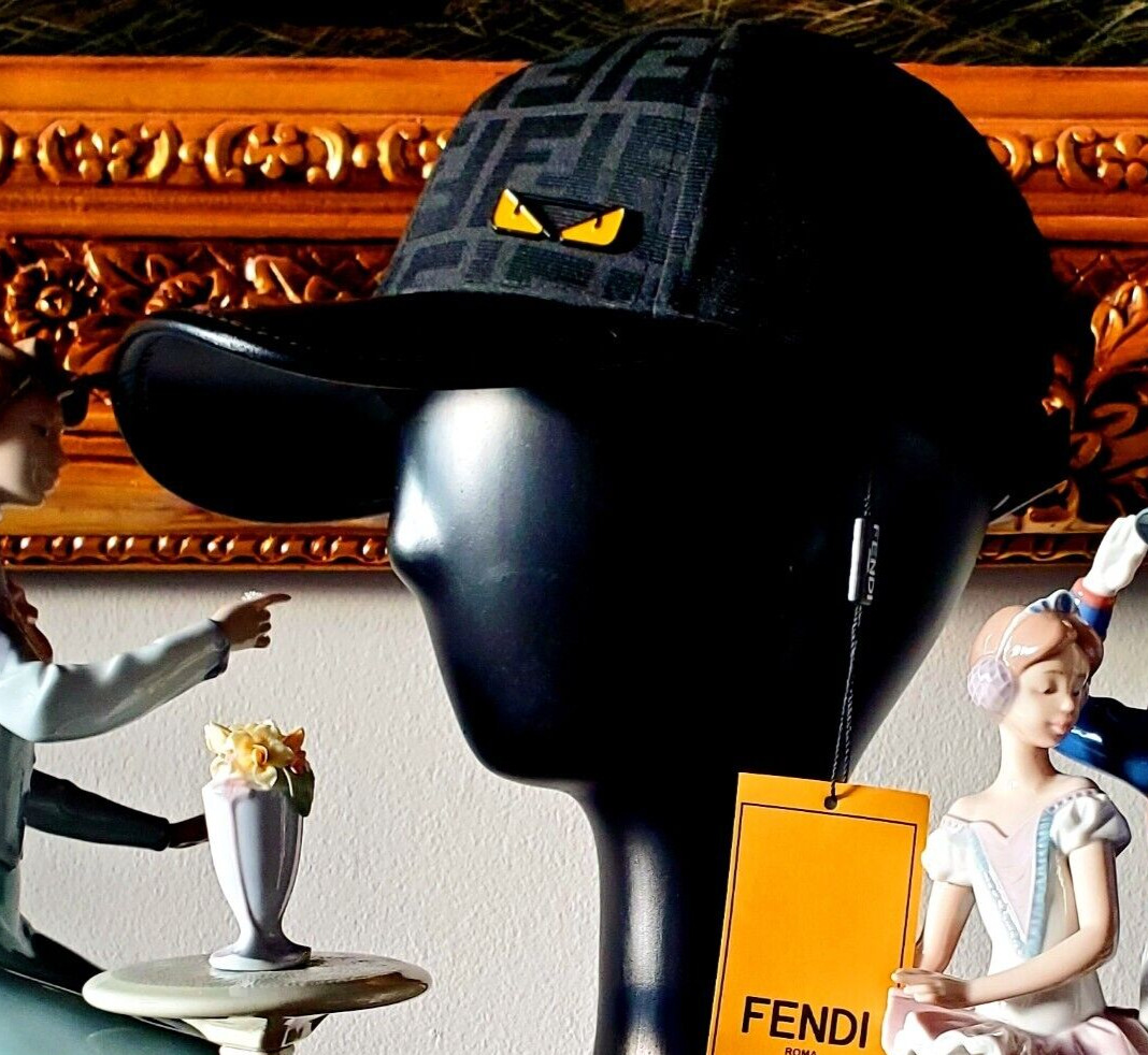 Fendi FF Monster Eyes Monogram Jacquard Baseball Hat Cap Black Leather Trim~