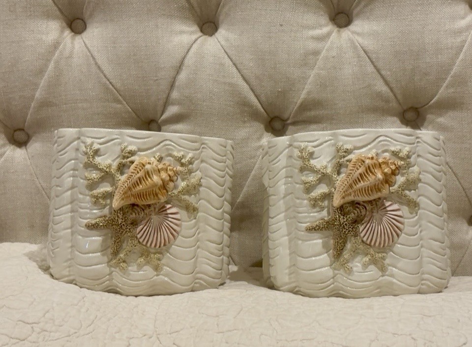 Vintage  Fitz & Floyd Ceramic Planters (2) Seascape Cachepot Nautical Seashells