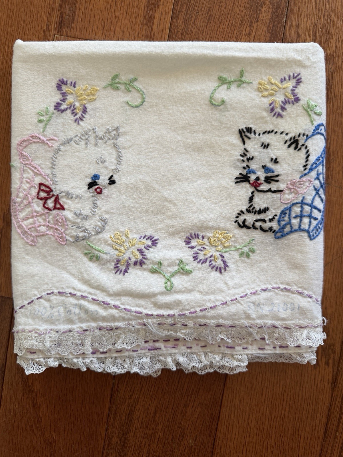  I gave Hand Embroidered Kitten Pillowcase - Lace - Hand Stitched 