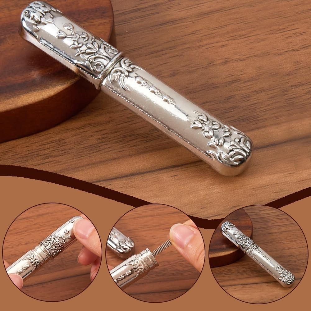 Vintage Needle Storage Case Antique Silver Needles Tubes Toothpick Keeper Holder