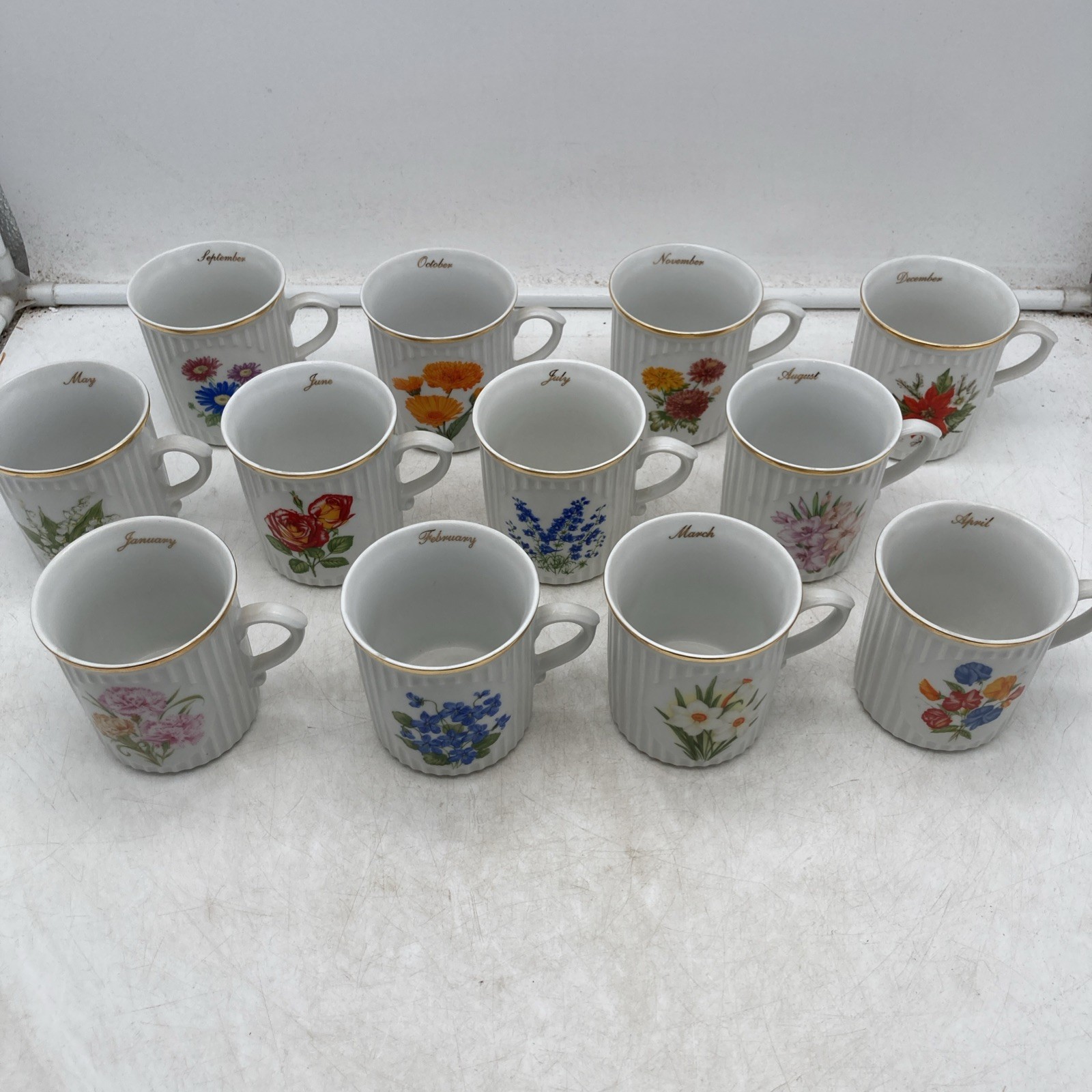 Vintage Bohemia Flower of the Month Mugs Complete Set 12 Crown D Czechoslovakia
