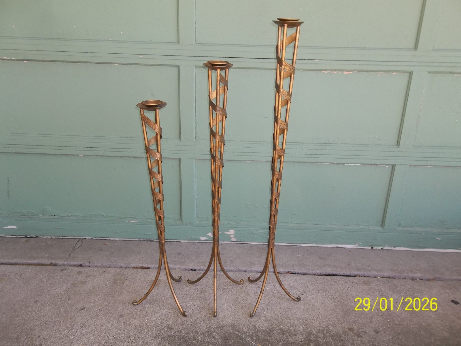 3 Rare Antique Hand Wrought Arts & Crafts Floral Band Gold Tole Candle Holders