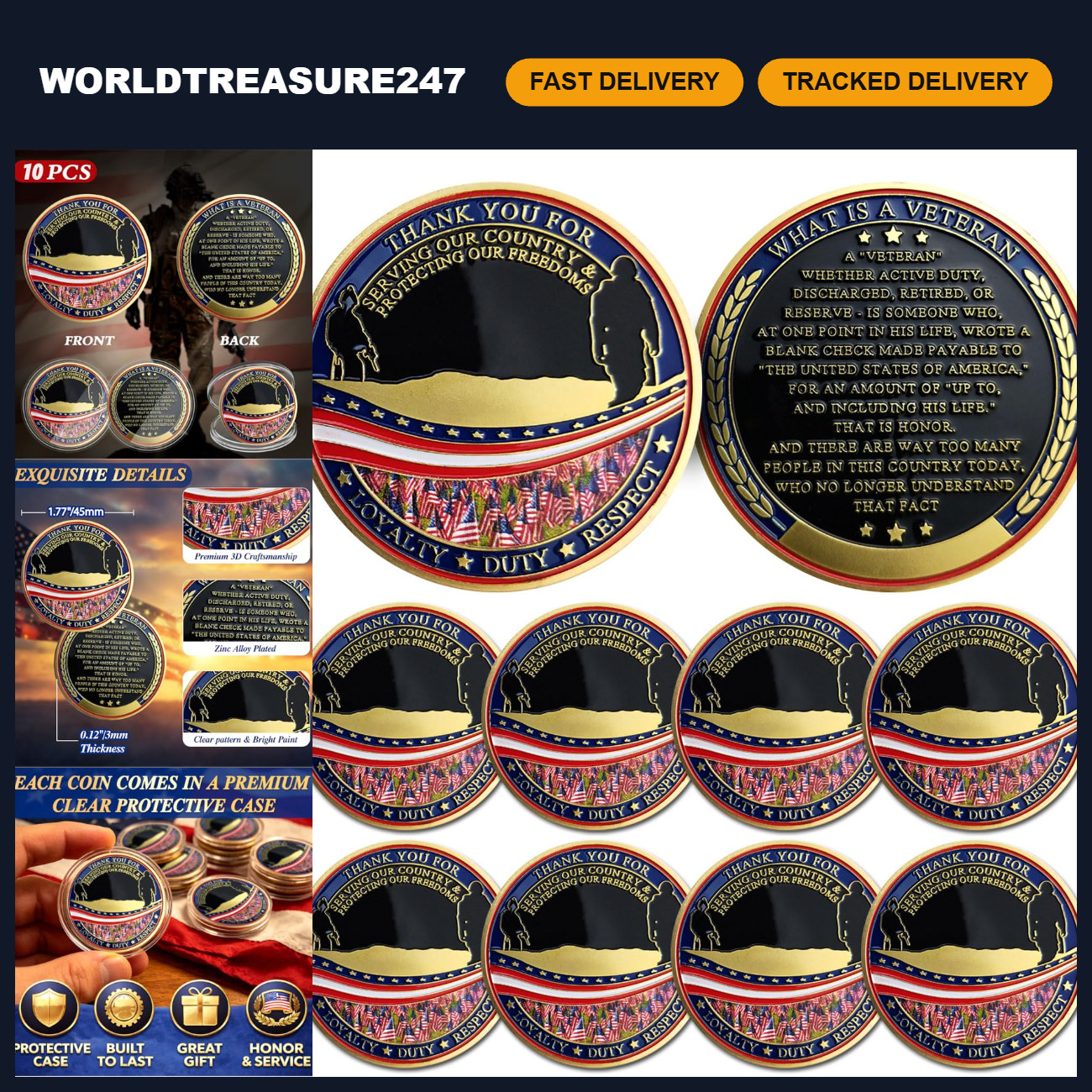 10 Military Veteran Challenge Coins - Thank You for Your Service Tokens, Gifts