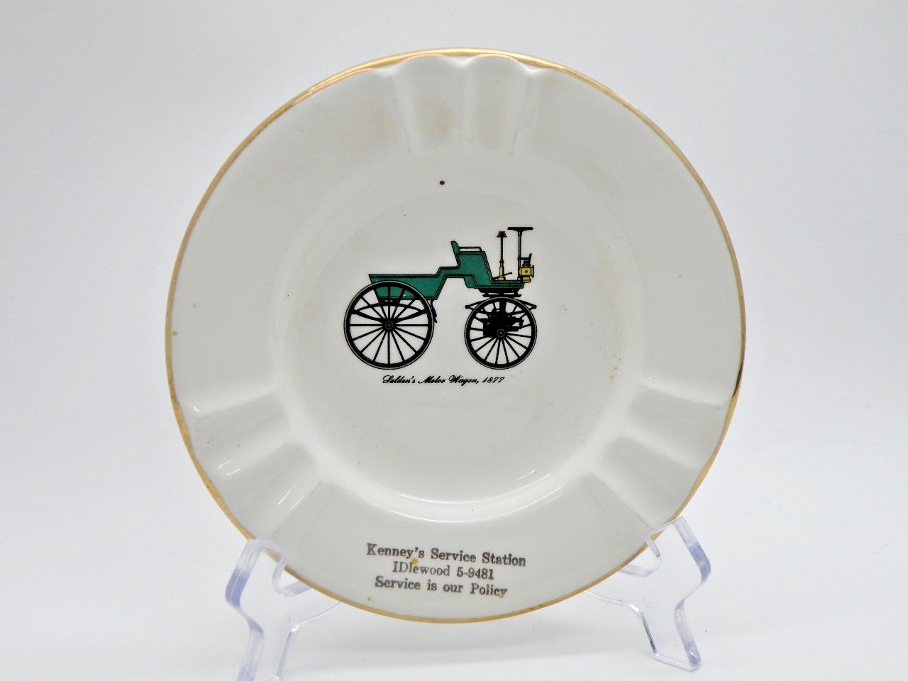 Vtg Seldens Motor Wagon 1877 Mobil Advertising Ashtray Kennys Service Station 6\