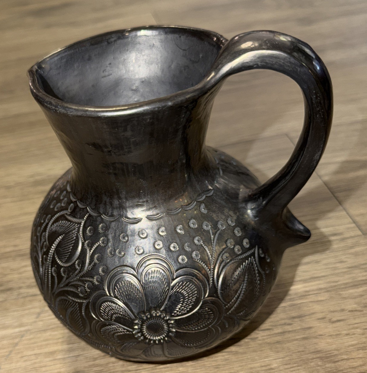Vintage Handcrafted Oaxaca Barro Black Clay Pottery Pitcher Mexican Folk Art