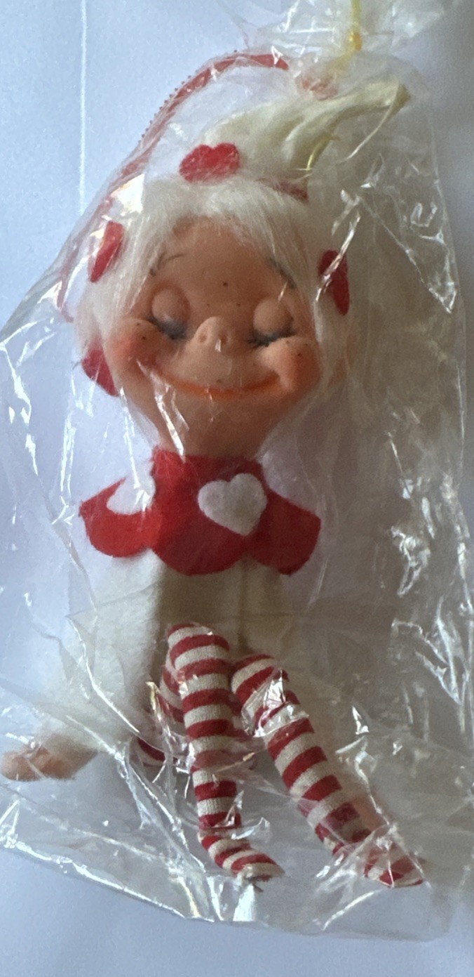 Vtg Rare Vtg Valentine RED & WHITE PIXIE/Imp White Hair Striped Legs Ornament