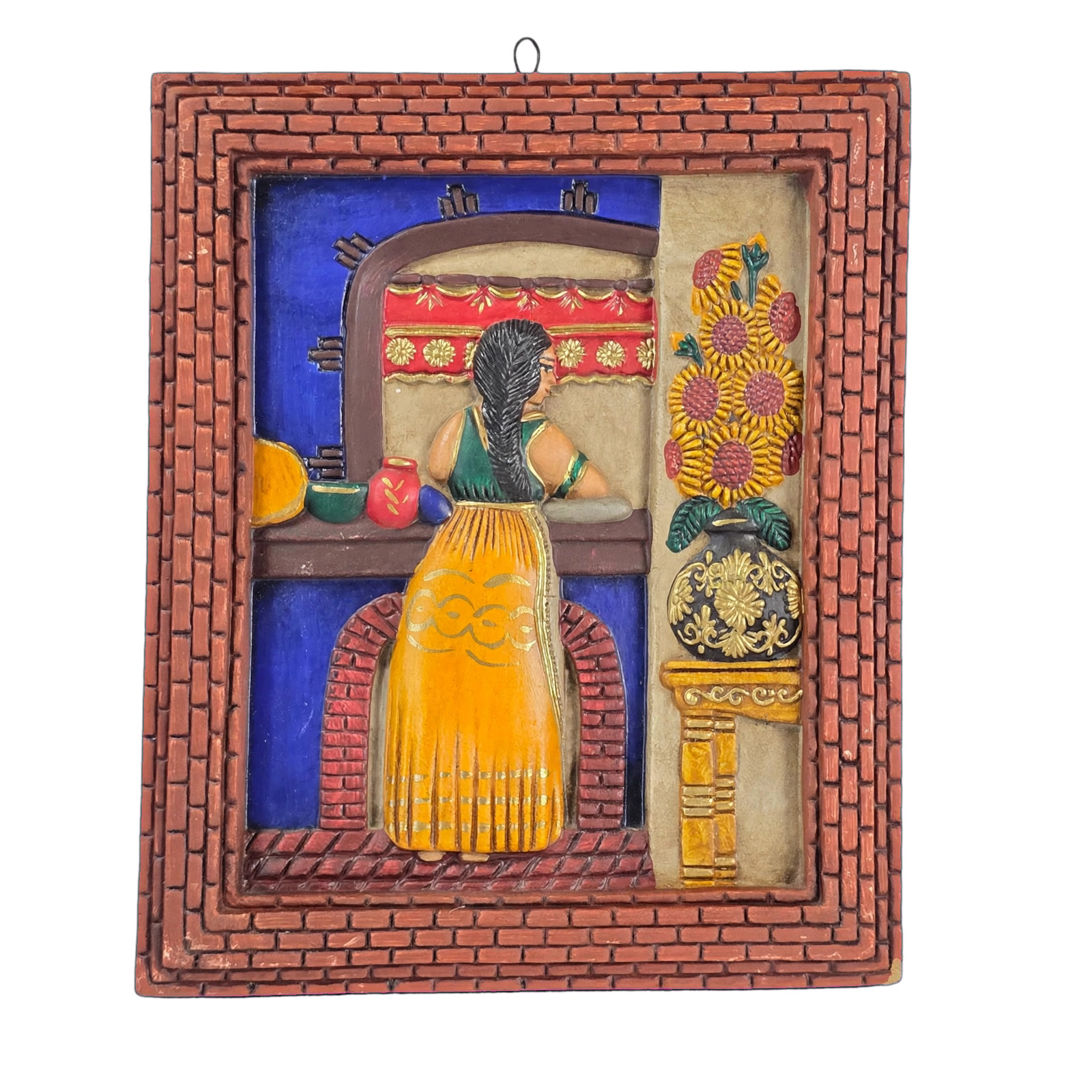 Vintage Mexican Folk Art Terracotta Sculpted Painting 12x10 Gold 3.7lbs EUC Rare