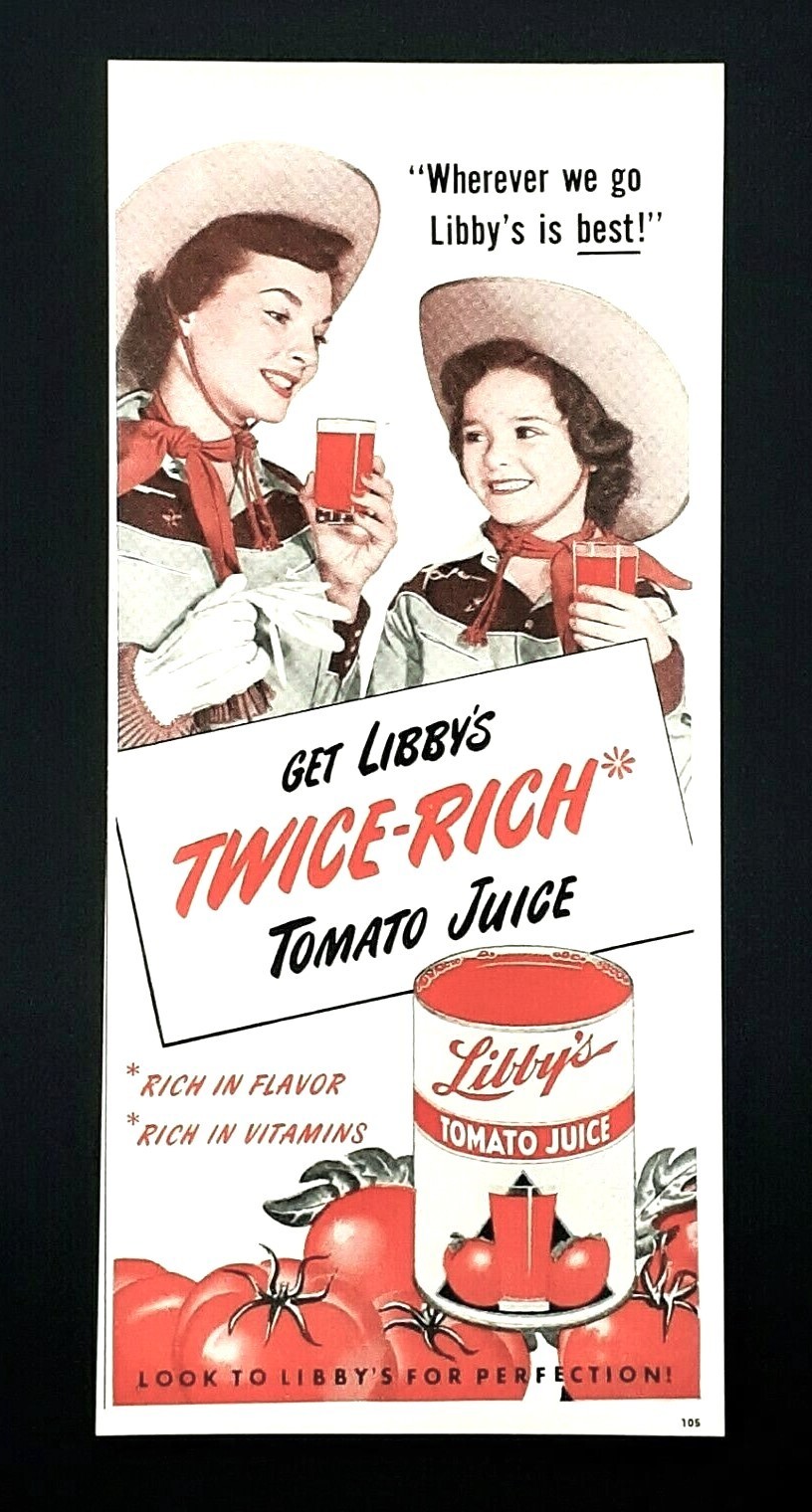 Libby\'s Tomato Juice ad vintage 1950\'s mother daughter cowgirl advertisement