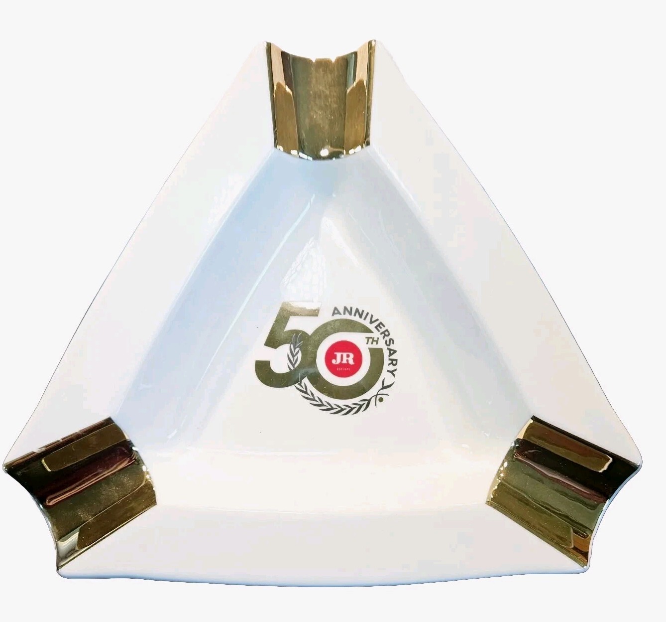 JR Cigars Large Triangle 50th Gold Anniversary Ashtray 3 Fat Cigar Rests w/ Box 