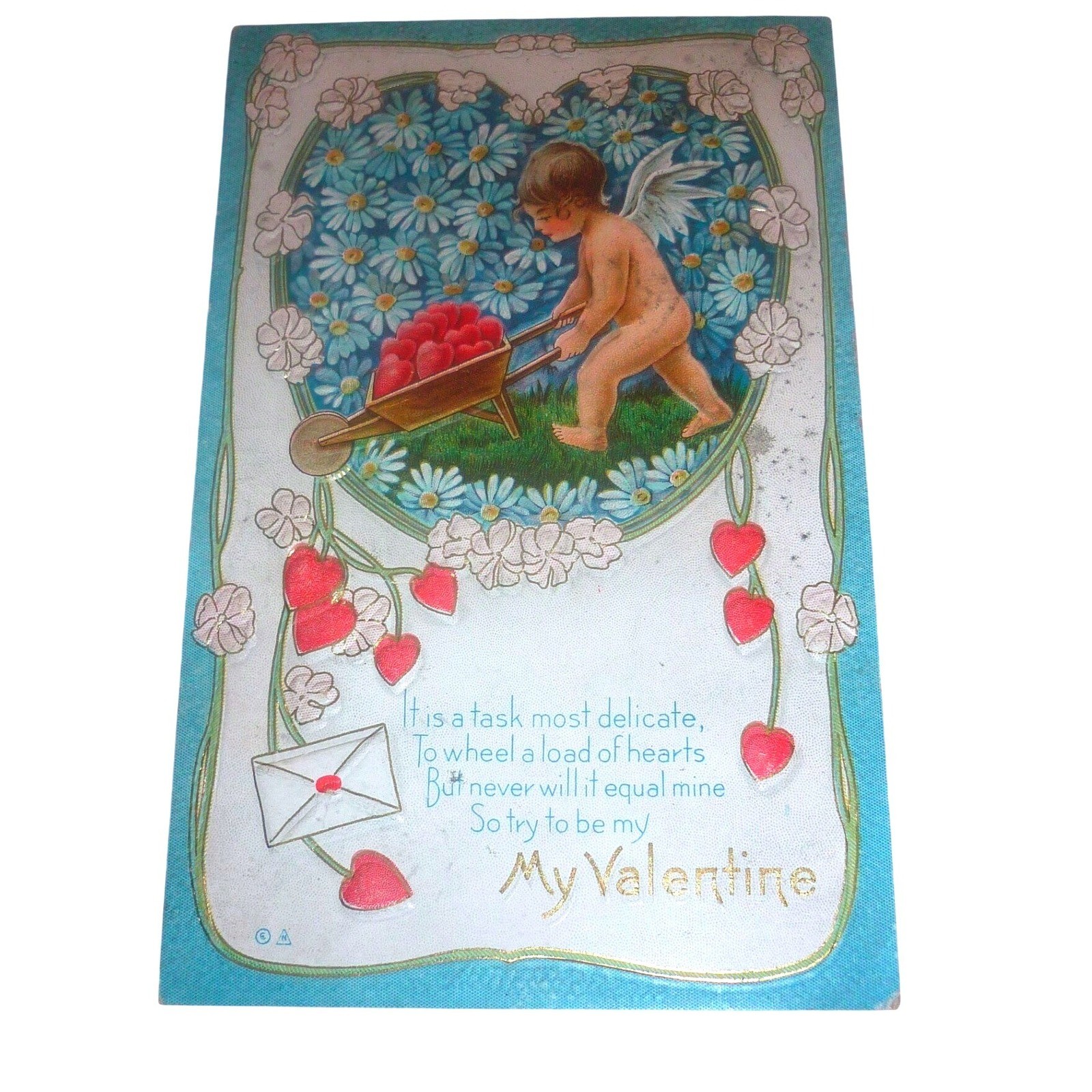 1915 Antique Valentine Postcard Cupid Cherub Wheelbarrow Embossed 1c Stamp