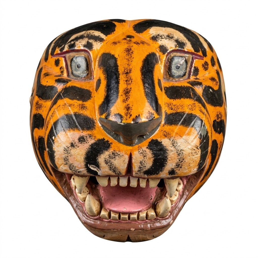 Vintage Mexican Tiger Jaguar Mask Hand Carved Wood Folk Art Oaxaca Mixtec