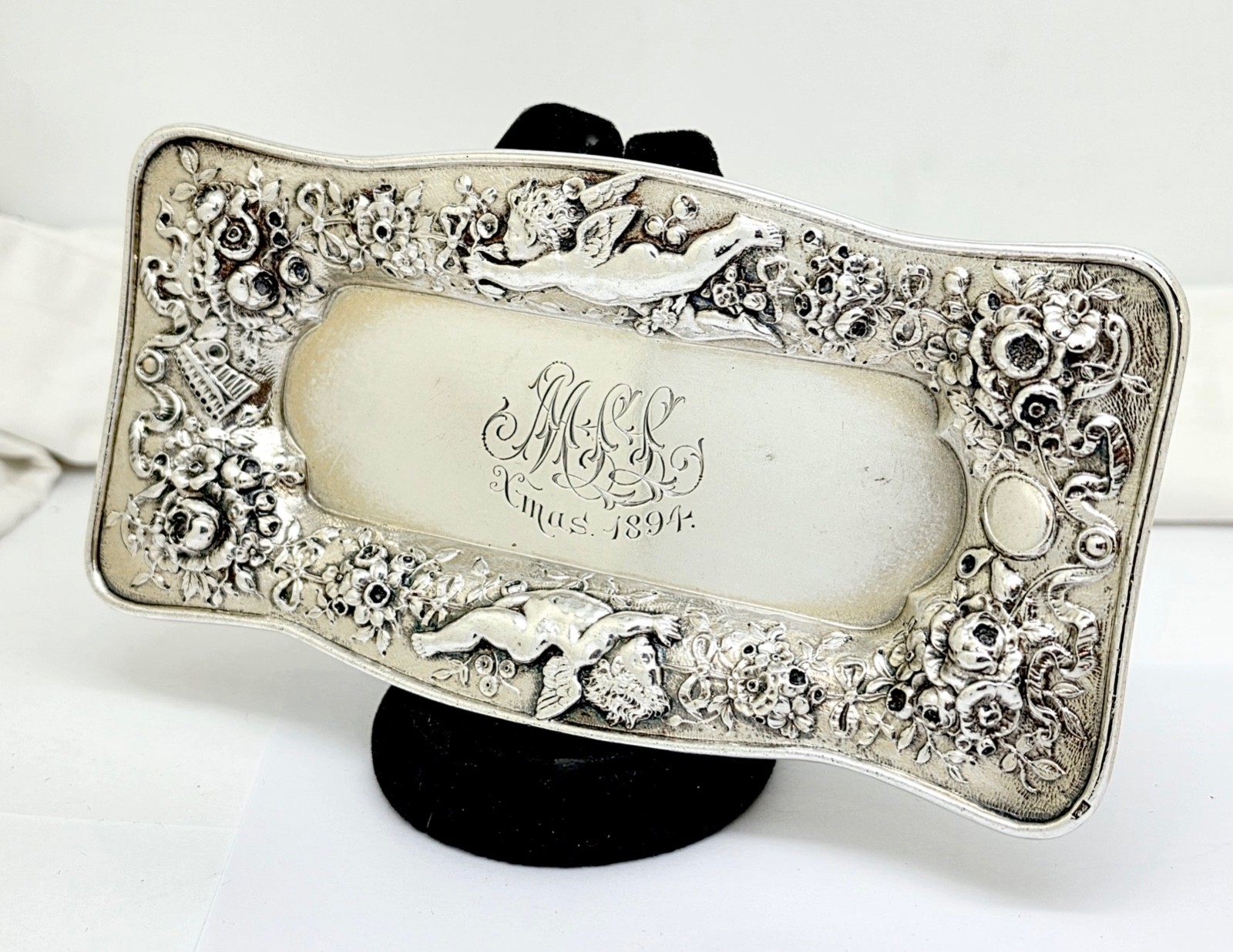 GORHAM CHRISTMAS 1894 STERLING SILVER PIN,DRESSER,RING TRAY,CHERUBS,FLOWERS,6