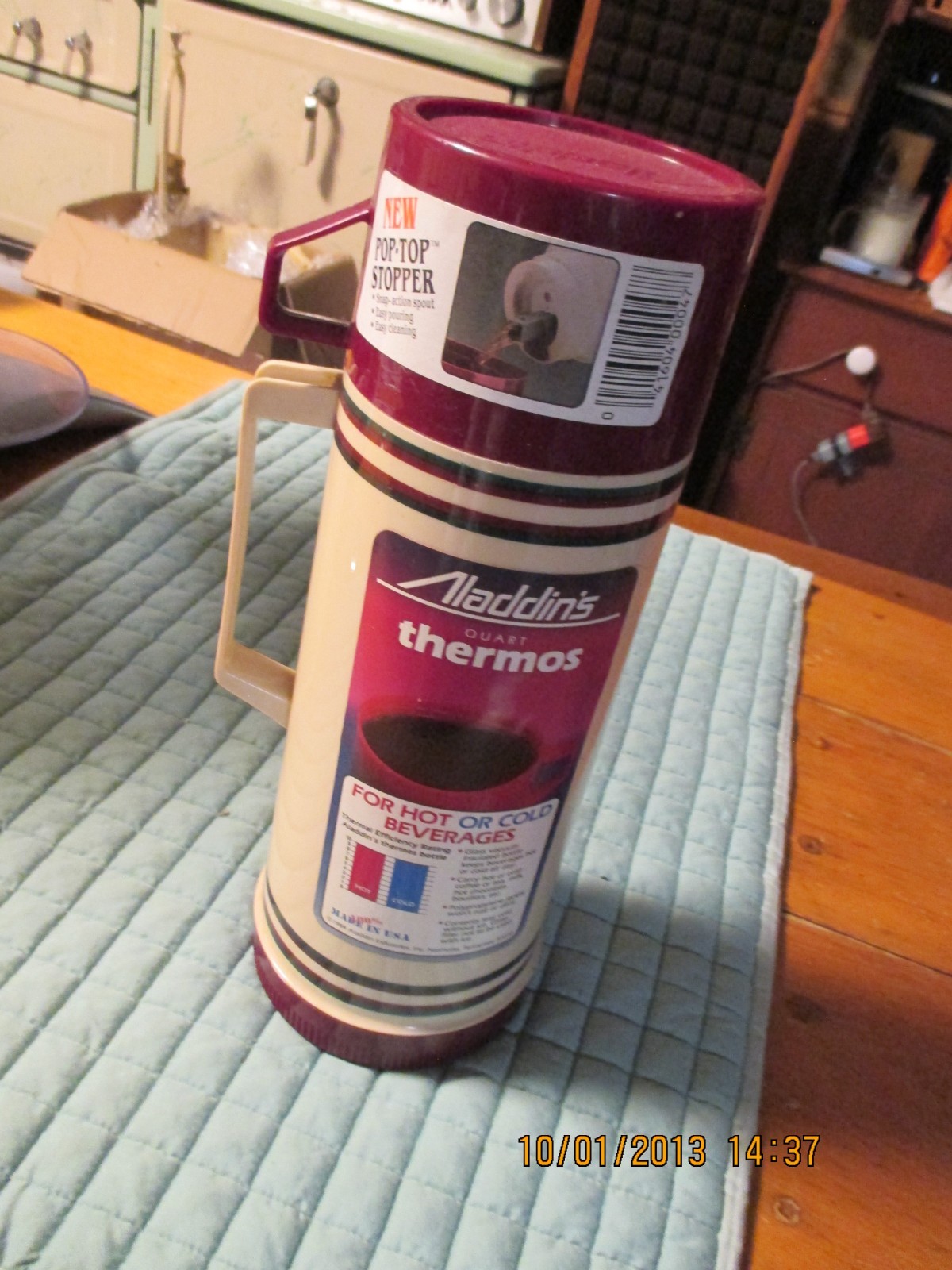 Vintage Aladdin\'s Quart Thermos tan and rust stripe NOS