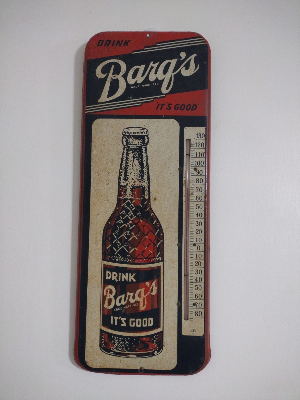 Vintage Drink Barq\'s Root Beer Thermometer Tin Sign 1950\'S In Great Condition 