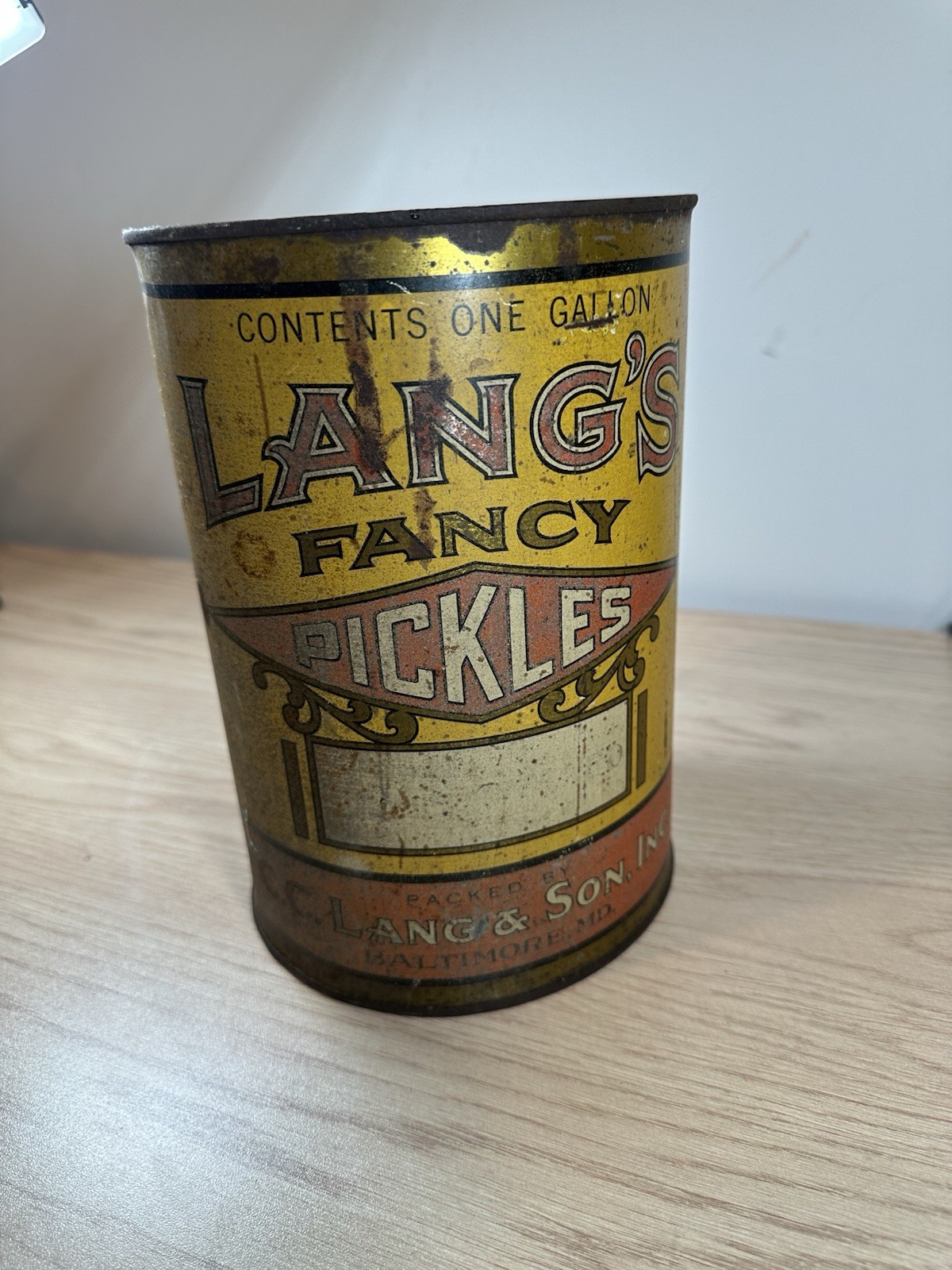 Vintage Lang\'s Fancy Pickles TIn Can One Gallon Baltimore MD C. C. Lang & Sons 