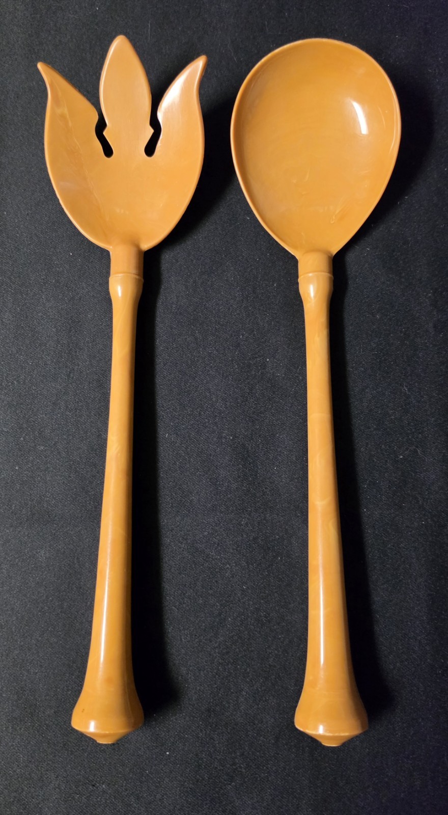 Vtg 1970s Harvest Gold Melamine Salad Servers MCM Tulip Fork/Spoon Set Retro