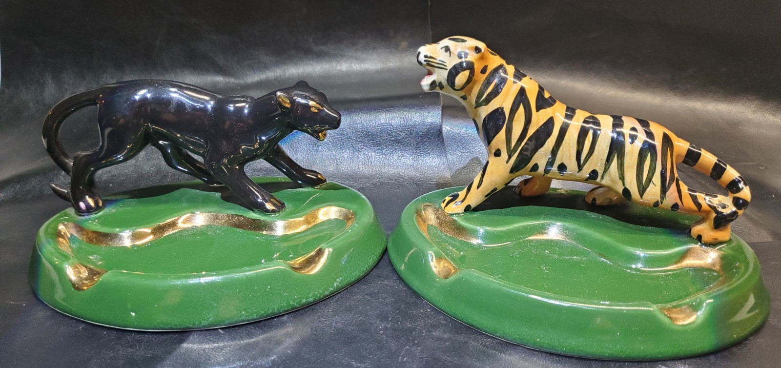Vtg 1952 Phil Mar Ceramic Big Cat Ashtray Set MCM Black Panther Bengal Tiger...