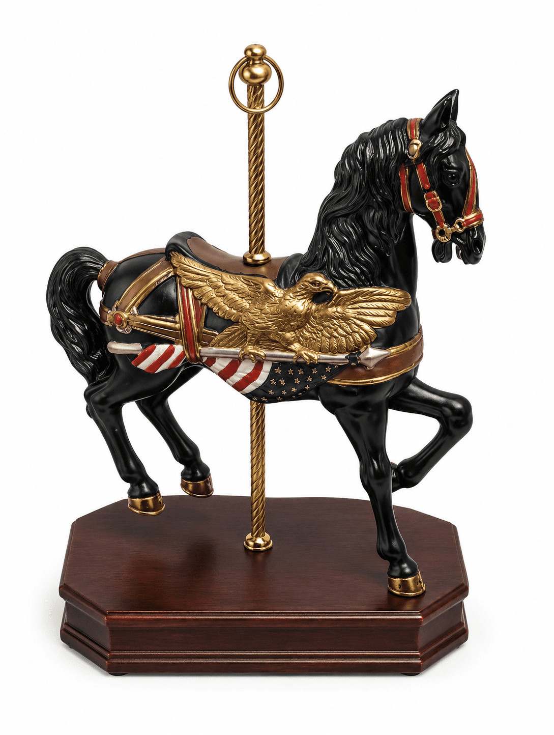 Vintage Carousel White Horse W/American Flag & Eagle Wood Base  11”H Music Box