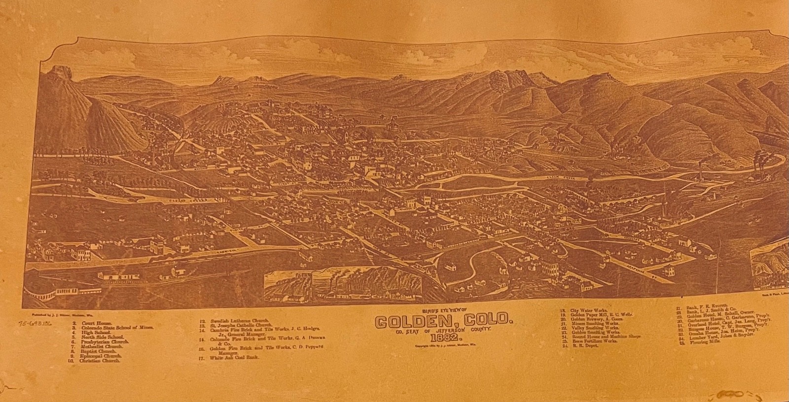RARE ANTIQUE LEATHER LITHOGRAPH GOLDEN COLORADO BIRDS EYE VIEW 1882 COORS BEER