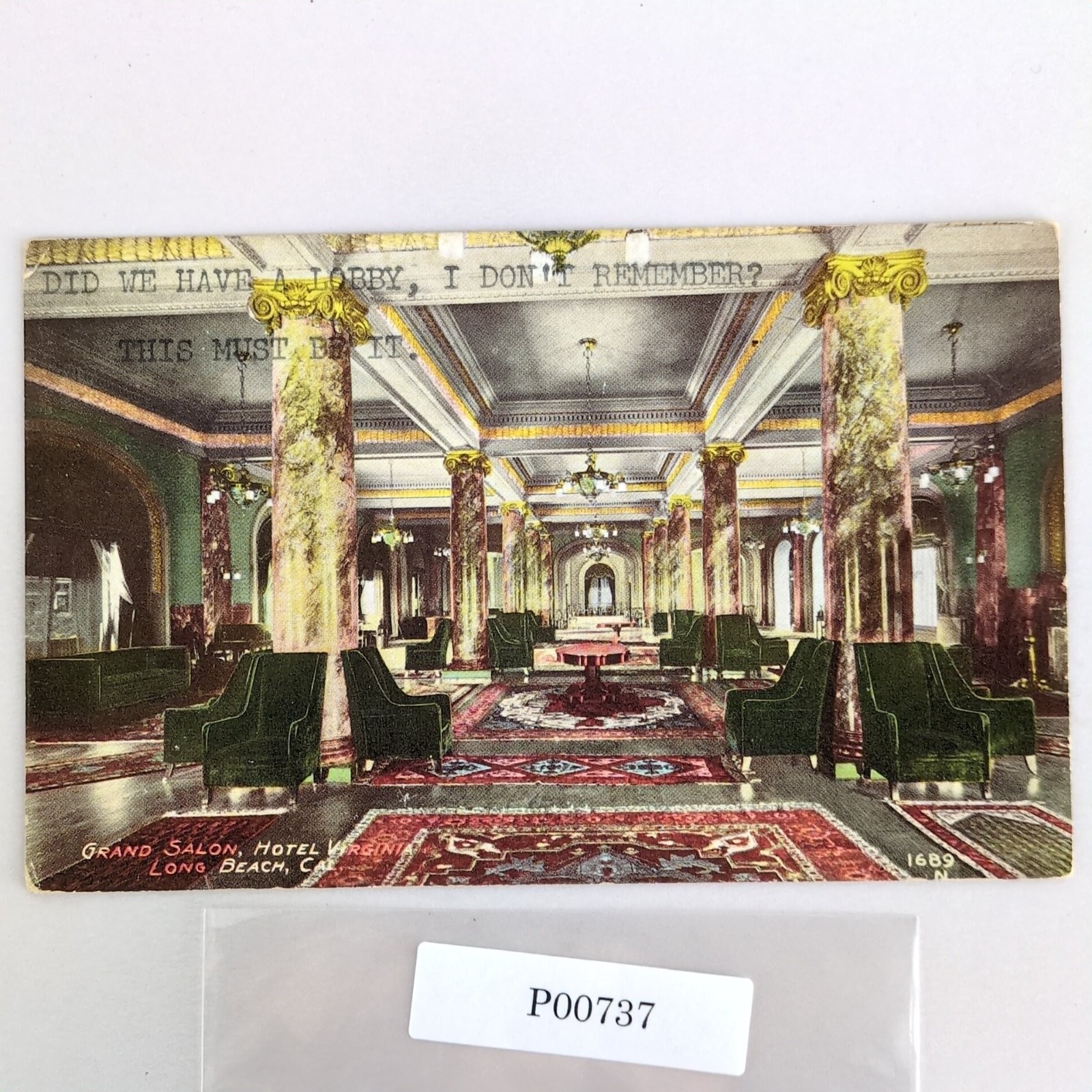 Grand Salon Hotel Virginia Long Beach California Early 1900s Postcard Type Front
