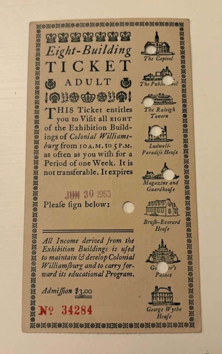 Colonial Williamsburg 1953 Eight Building Adult Ticket Exhibition Buildings