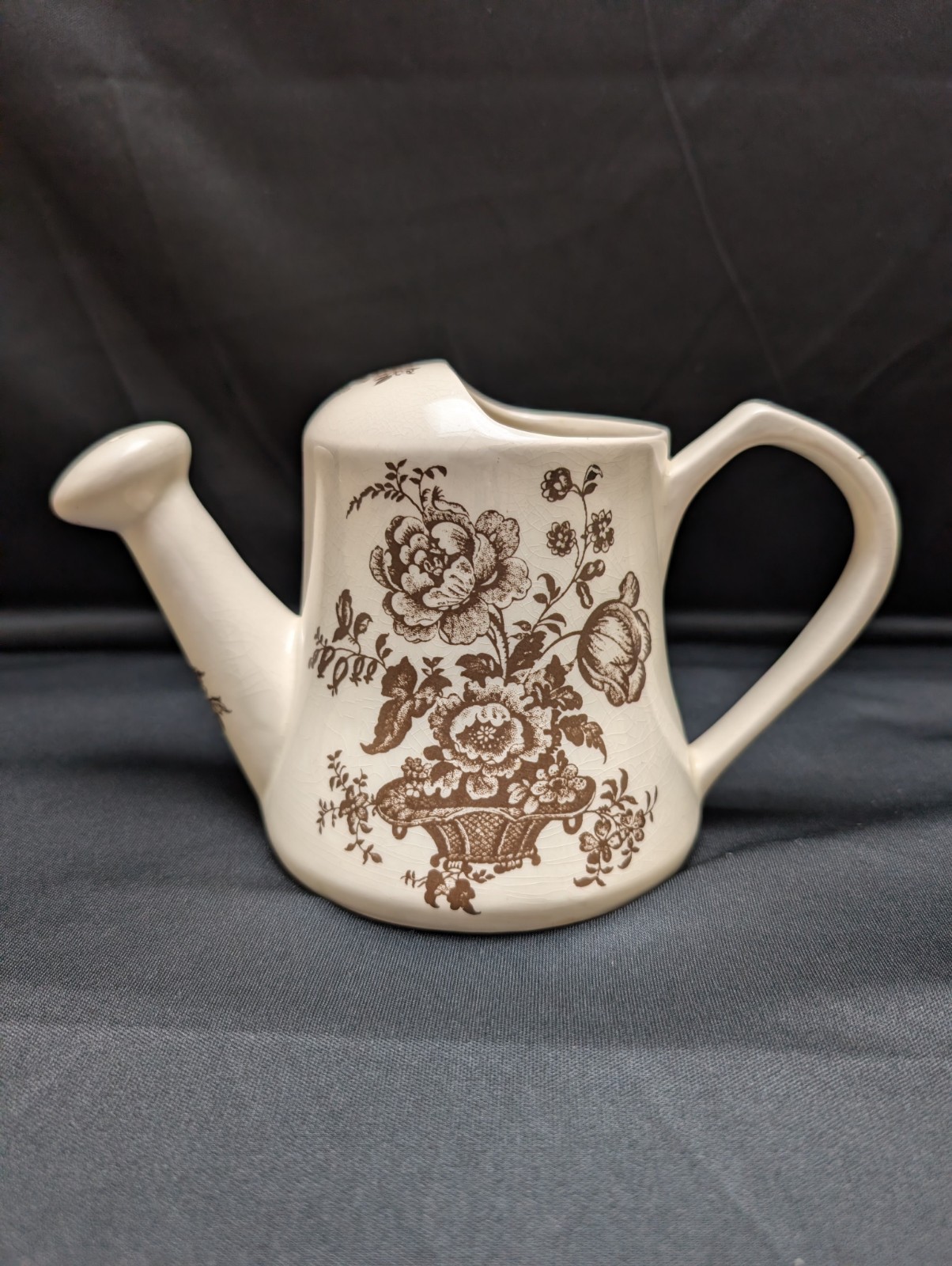 Vintage Royal Crownford Ironstone England Brown Floral Watering Can Planter Pot