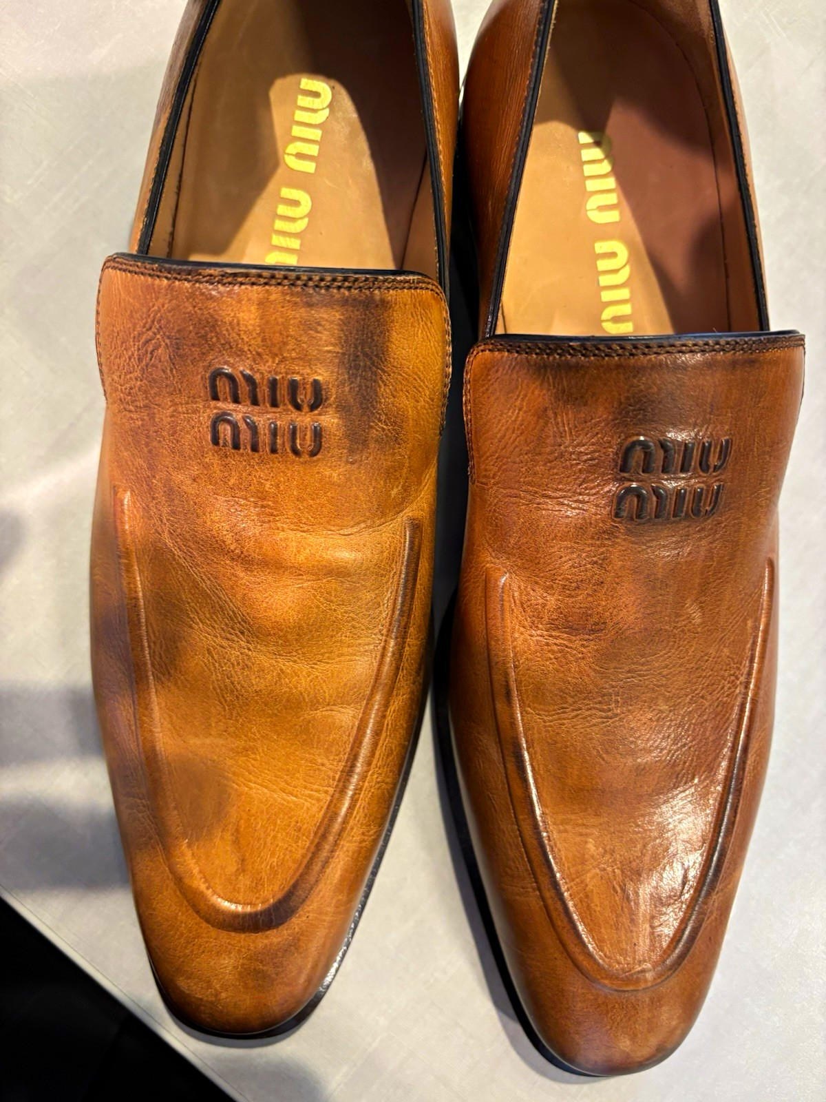 Miu Miu Brown Leather Slip-On Dress Loafers Logo EU 38 US 6 Italy