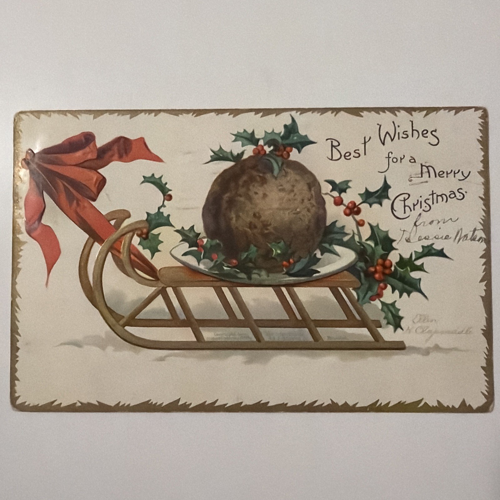Antique 1907 Embossed Clapsaddle Christmas Postcard Sleigh with Holly #51340