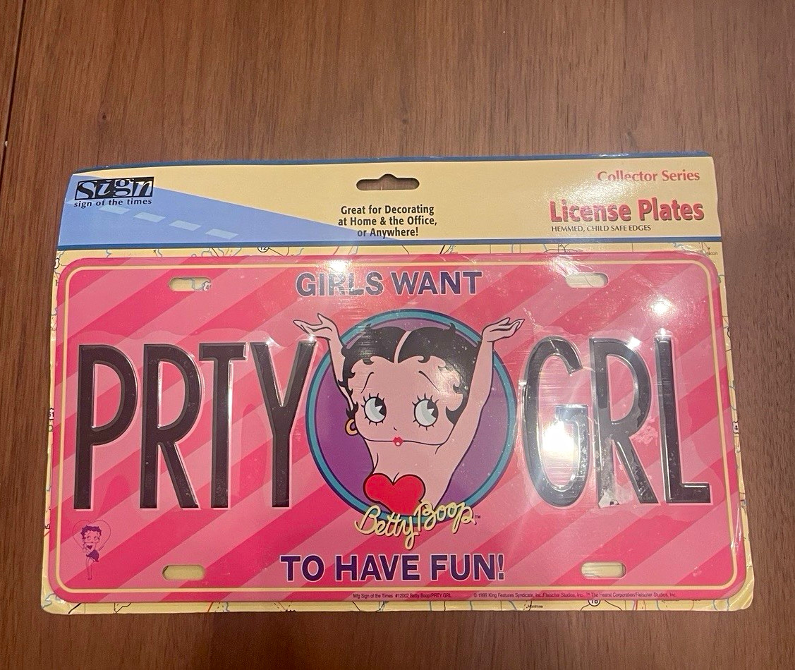 Vintage 1999 Betty Boop PRTY GRL License Plate Sign of the Times NOS Sealed