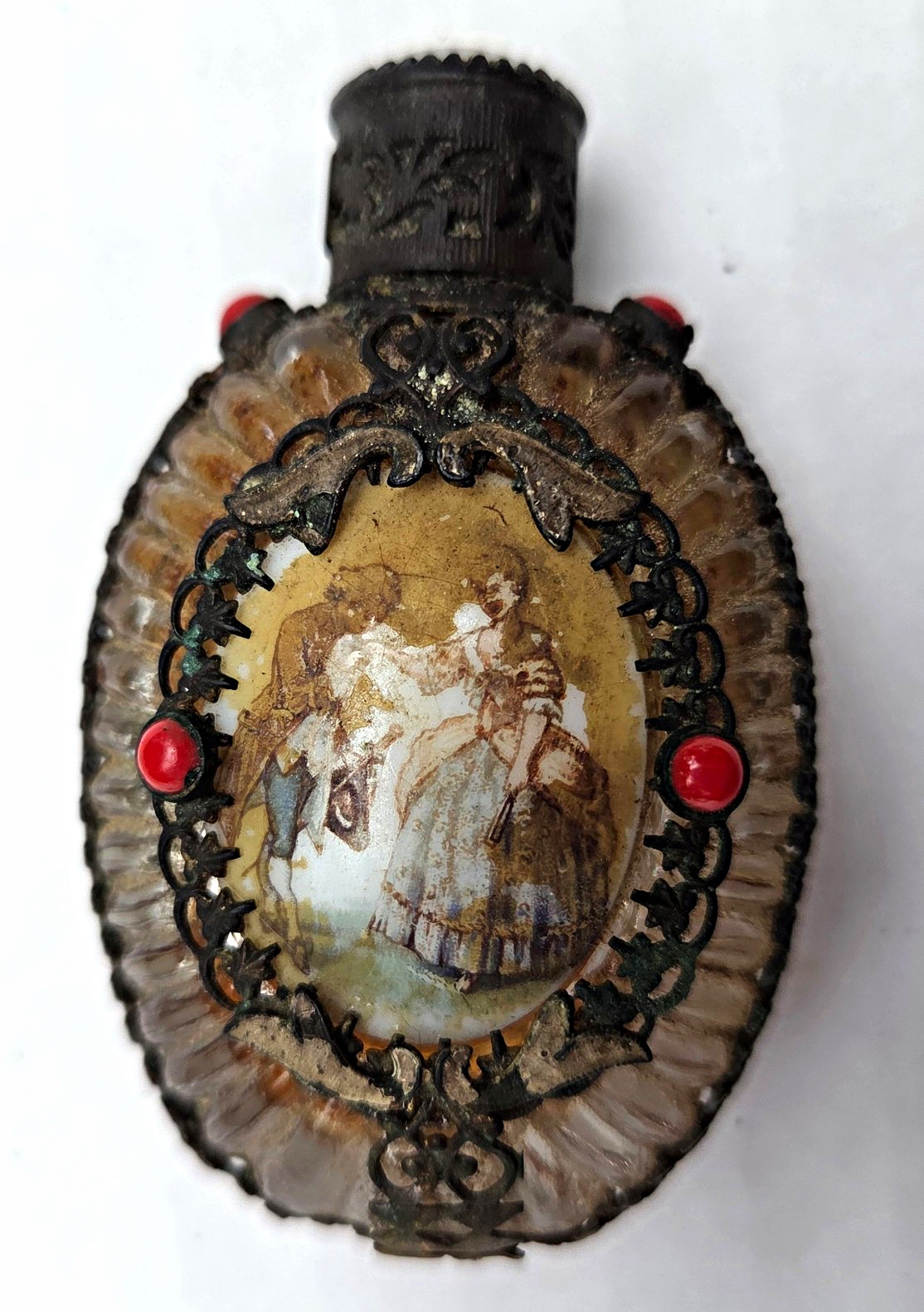Vintage Art Deco Czech Miniature Perfume Bottle Metal Filigree, Red Cabochons