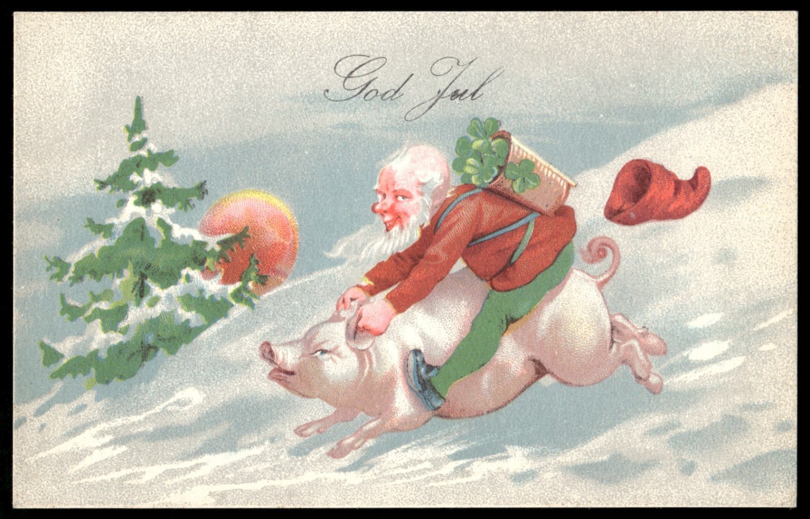 Postcard Elf Rides Pig Christmas 