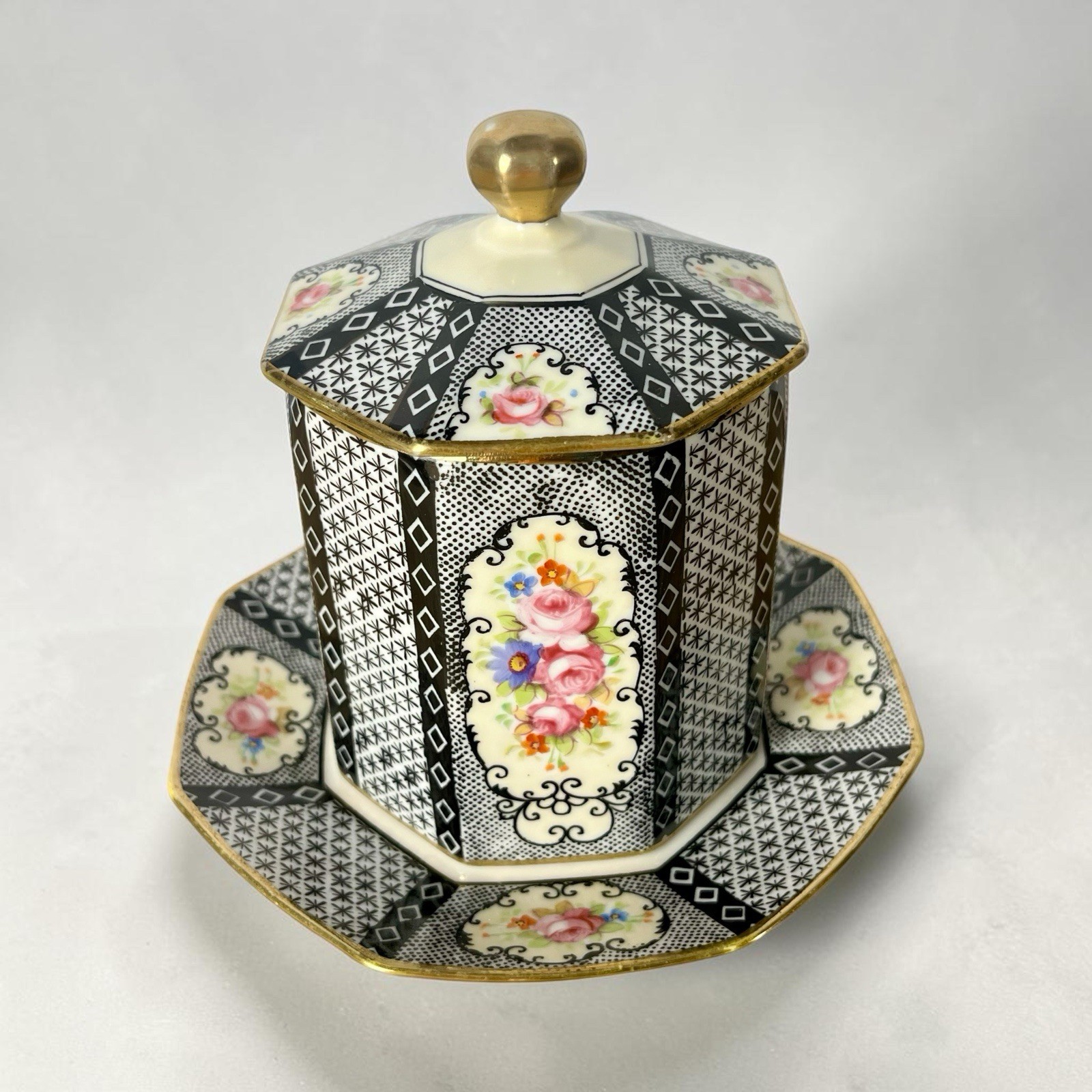 Antique Morimura Nippon Porcelain Hand Painted Condiment Jar Saucer & Lid Vanity